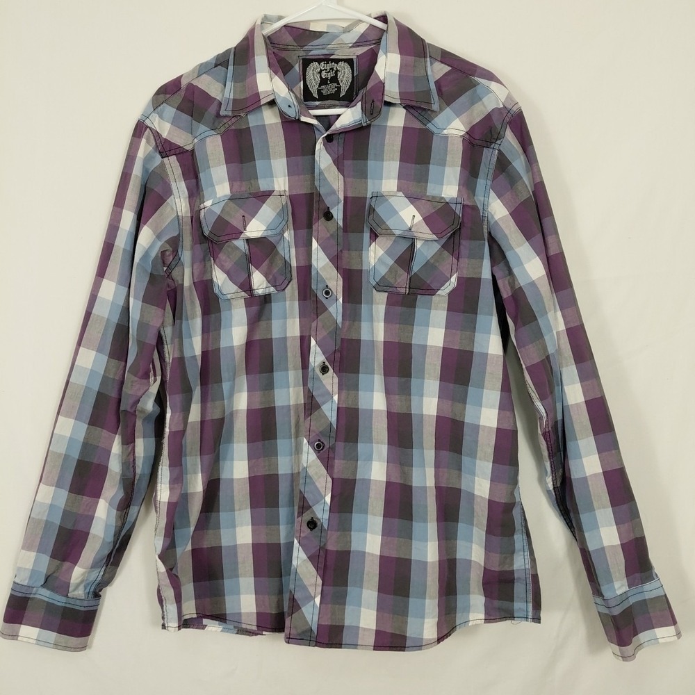 Eighty Eight Mens L Shirt Plaid Long Sleeve Button Up Purple White Grey‎ Western